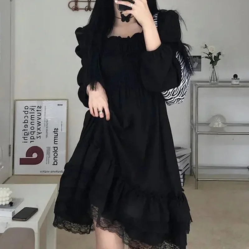 

Gothic Black Lace Ruffle Dress For Girls Princess Party Ruched Fairy Grunge Long Sleeve Dresses Woman 2024 Fashion Korean