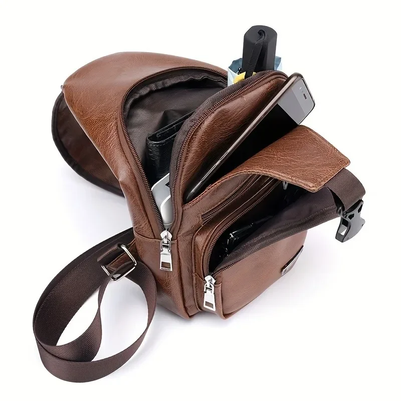 Men's Pu Leather Sling Bag Anti-theft Chest Bag with Earphone Hole Large Capacity Travel USB Shoulder Crossbody Bags