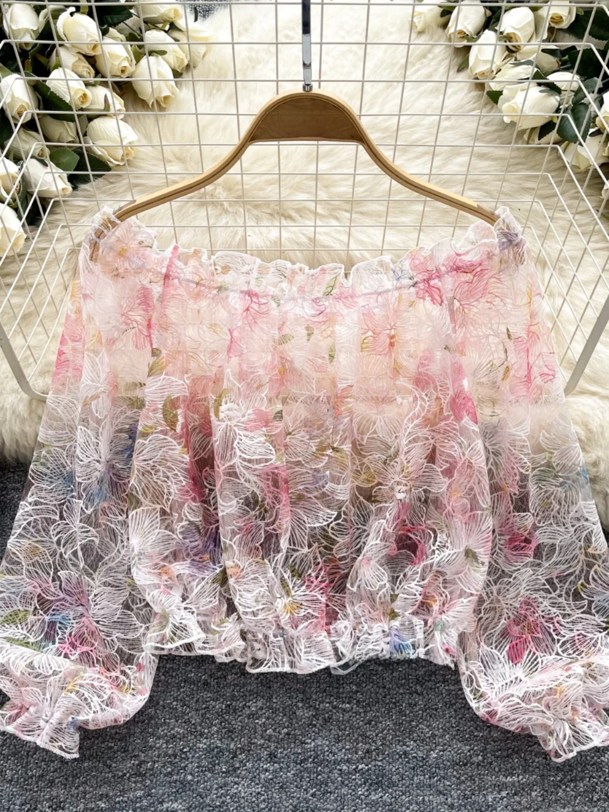 

Romantic Floral Lace Trim One oulder irt Women's Summer Ele Top Korean Sle Loose Fit Long Sve Commute Wear