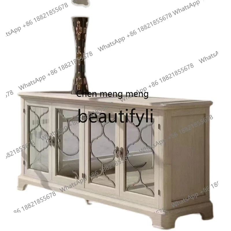 

G Living room retro white oak dining side cabinet wine cabinet solid wood carved metal entrance cabinet