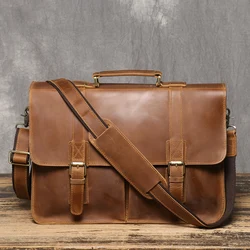 Retro Briefcase Crazy Horse Leather Men’s Cowhide Shoulder Crossbody Bag Large Capacity Genuine Leather Laptop Bag