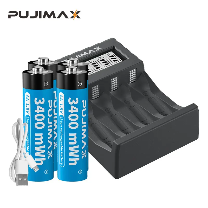 

PUJIMAX 1.5V AA Rechargeable Lithium-ion 3400mWh Battery Large Capacity For Cameras Electric Toys With LCD Smart Battery Charger