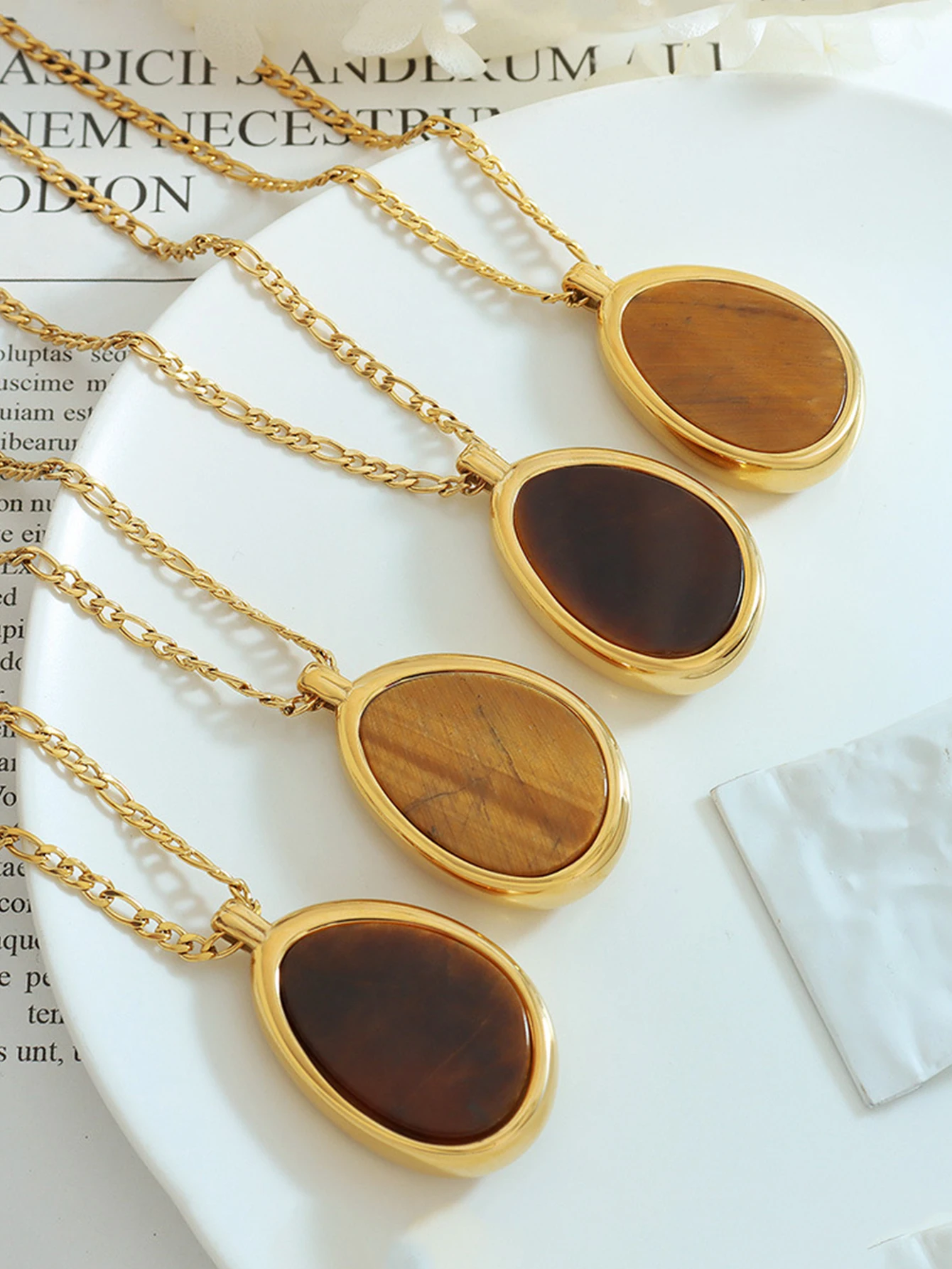 Thai style Nanyang style fashion temperament natural tiger eye stone pendant stainless steel necklace autumn and winter jumper