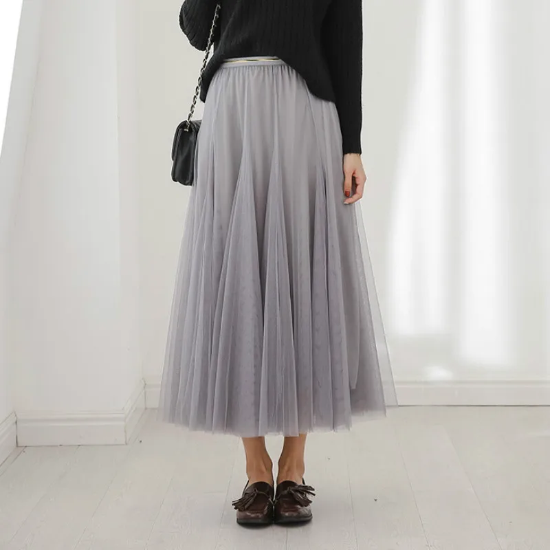 

Vintage Mesh Pleated Skirt Women Elastic High Waist Tulle Dresses Christmas New Year Party Elgant Skirt Spring Autumn Pink Skirt