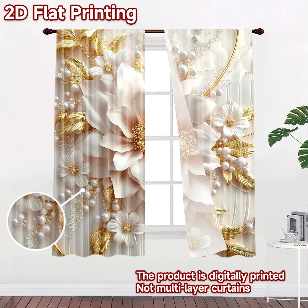 2D flat 2pcs Curtain Retro Country Style Wedding White Gold Flowers Durable polyester fiber Festive Holiday Use for New Year and