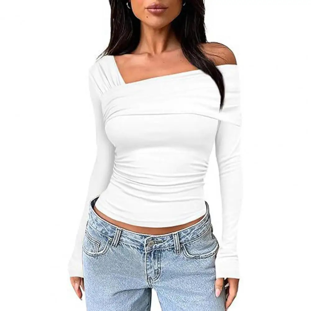 Fashion Blouse Women Tops Off Shoulder Ruched Long Sleeve Top Classy Commuting Style Slim Fit Elegant Shirt Women 2023