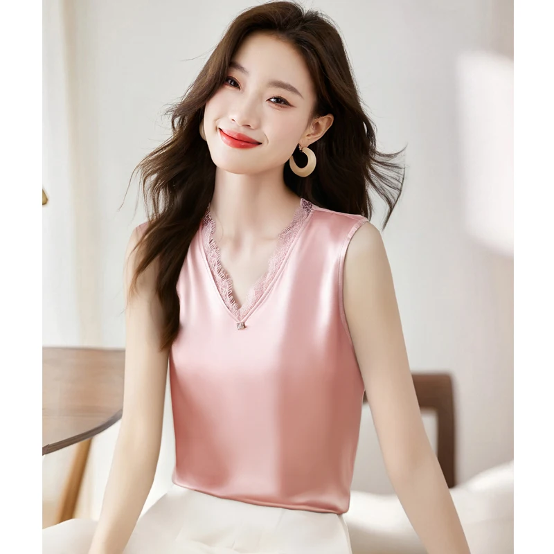2025 Lace Tank Top Women Patchwork V-neck High-end Satin Blouse Elegant and Fashionable Versatile Vest OL Summer Female Clothing