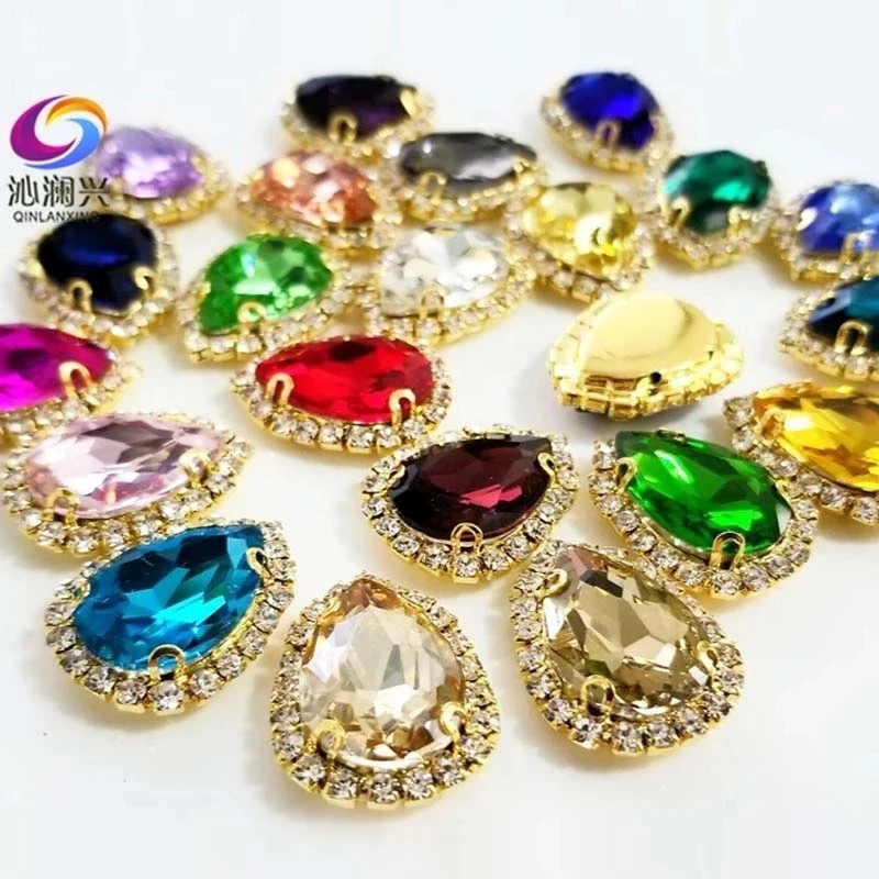 22 Colors Golden Glass Crystal Rhinestones Sewing Accessories,Drop Shape Buckle Sew on Stones for Clothes/Diy/Wedding Decoration