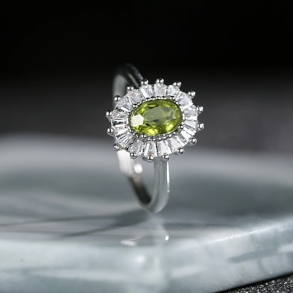 Natural Peridot Olivine Stone Rings for Couples Real Gems Women's Ring 7*5mm Sun Flower Shaped Design Gorgeous Party Jewelry