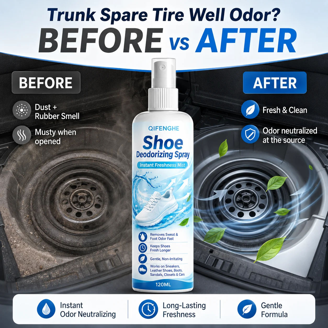Shoe Deodorizing Spray 120ml - Instant Odor Eliminator for Trunk Spare Tire Wells, Cars, Closets & Shoes