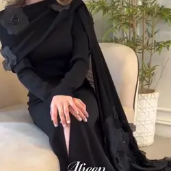 Aileen Long Tail Sleeves Black 3D Flowers Customized Evening Dresses 2024 Luxury Dubai Formal Dress With Stones and Crystals