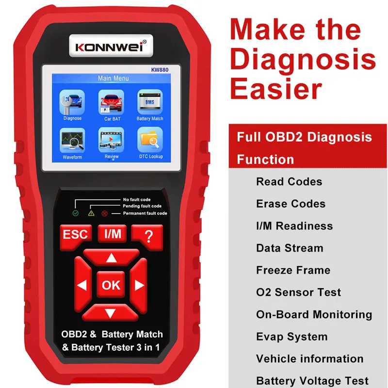 

KONNWEI OBDII KW880 12V Car Battery Tester Analizer Auto Diagnostic Tool Battery Match 3 in 1 Car OBD2 Scanner Full OBD Function