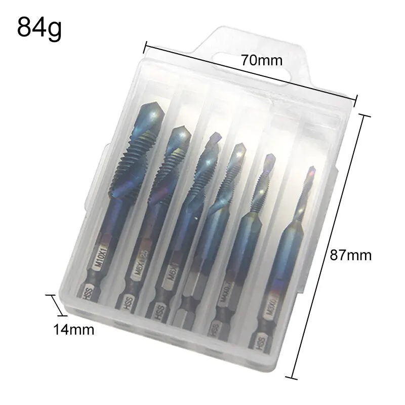 6pc 4341 Blue Plated Composite Tap Chamfering Tapping Drilling Integrated Plastic Box Set High Speed Steel Machine Tap Tool