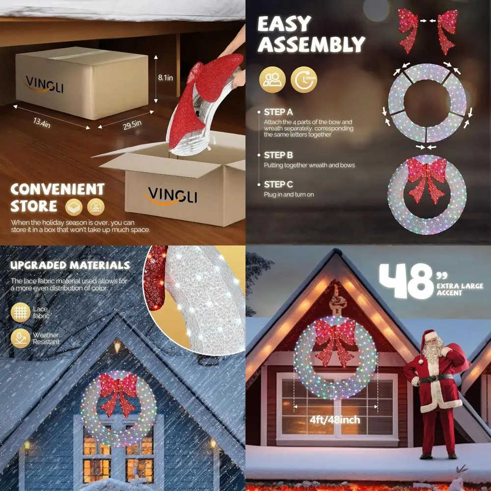 

Рождественский венок с 48 светодиодами, разноцветный, с таймером, для улицы/двери гаража, с красным бантом, подключаемый, белый