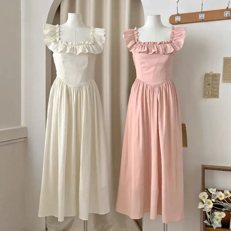French Style Square Collar Dresses Summer Fashionable Ruffles Spliced Female Clothing Solid Color Sweet A-Line Waist Long Dress