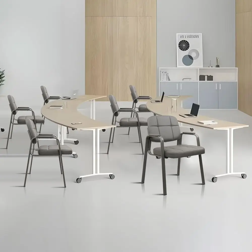 Par de sillas de sala de espera estacionarias de cuero gris con brazos acolchados para personas mayores y invitados, ideales para áreas de recepción de oficina