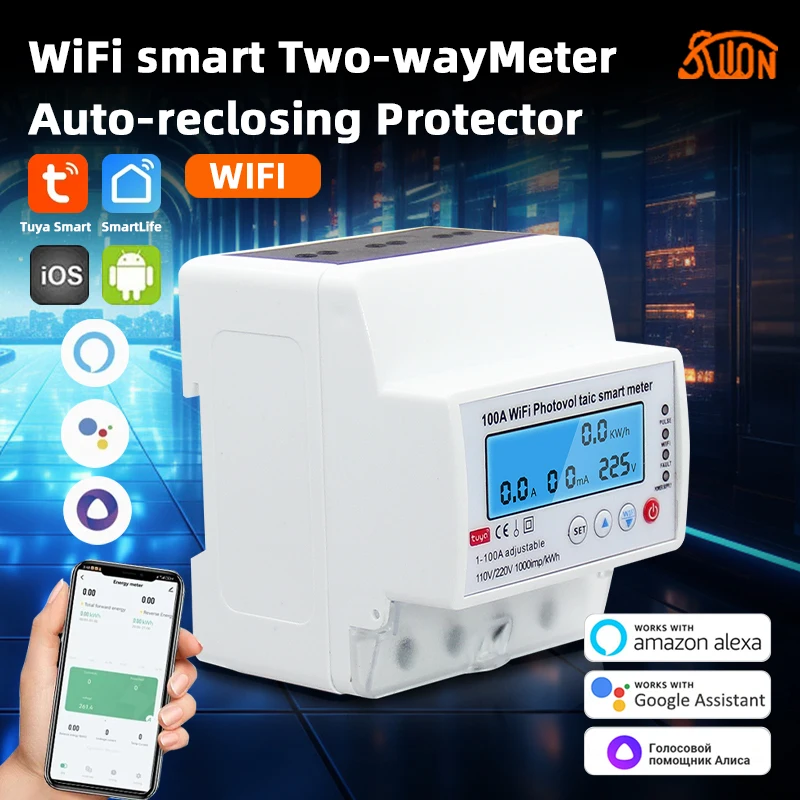 Tuya WiFi Single Phase AC110V/220V 100A Bi-directional Measuring Two-way Prepaid Meter Auto-reclosing Voltage Current Protector