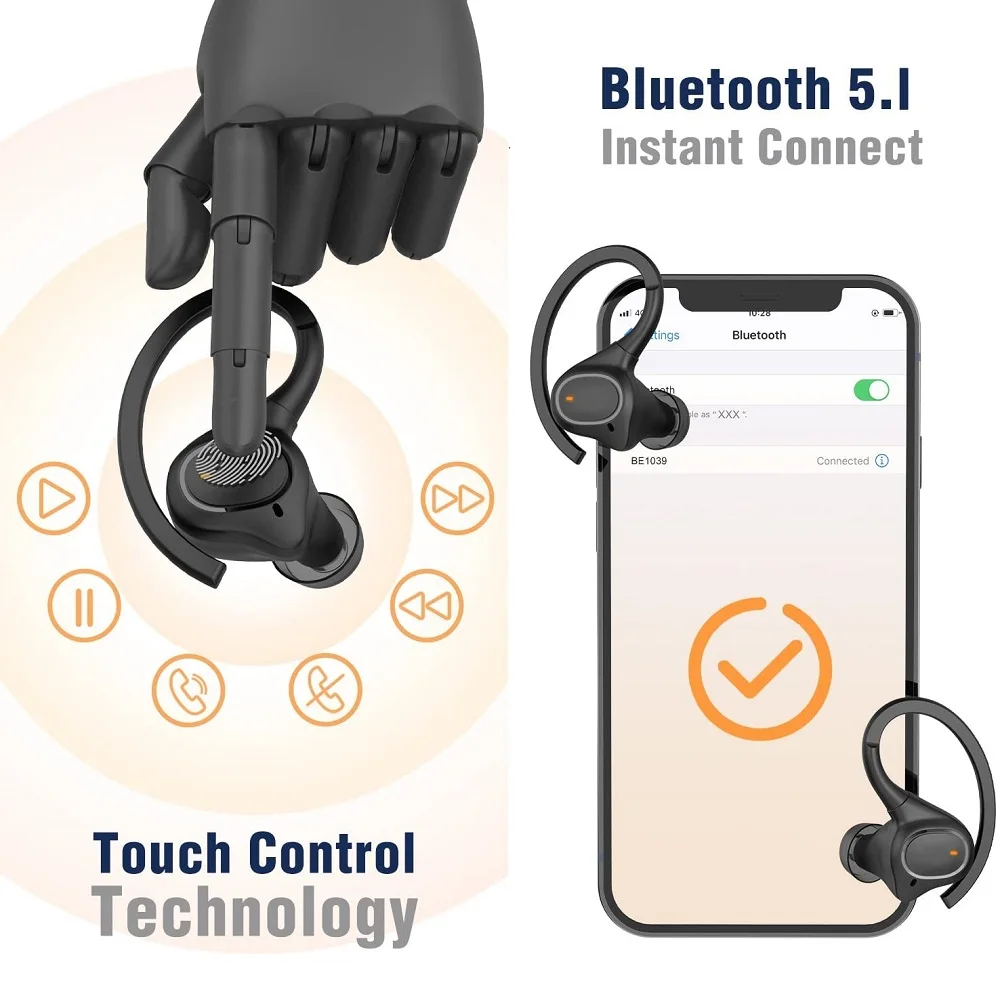 TWS Bluetooth Earphones True Wireless Headphones with Mic Touch Control Noise Reduction Earhooks Waterproof Headset for Sports