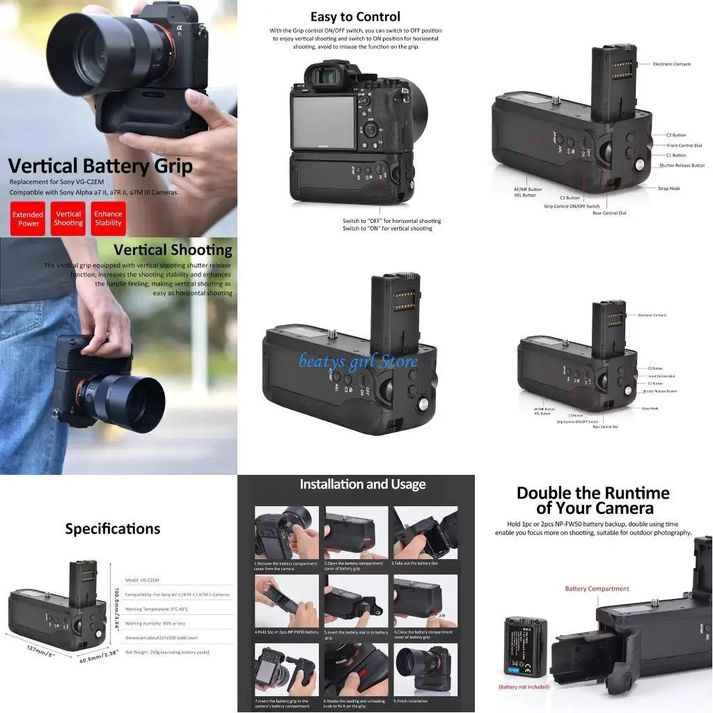 

C7AB VG-C2EM Vertical Grip for A7II A7R2 A7M2 A7S2Mirrorless Cameras Battery Grip