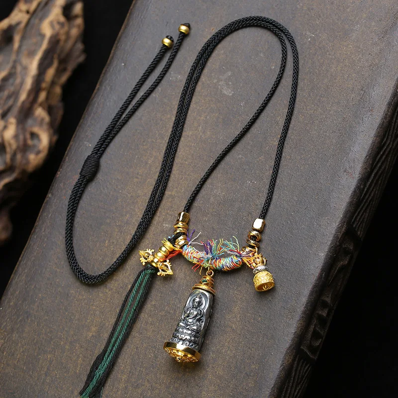 Tibetan Heavenly Iron Green Tara 3D Relief Pendant Clavicle Chain Tibetan Retro Hand Woven Rope Necklace