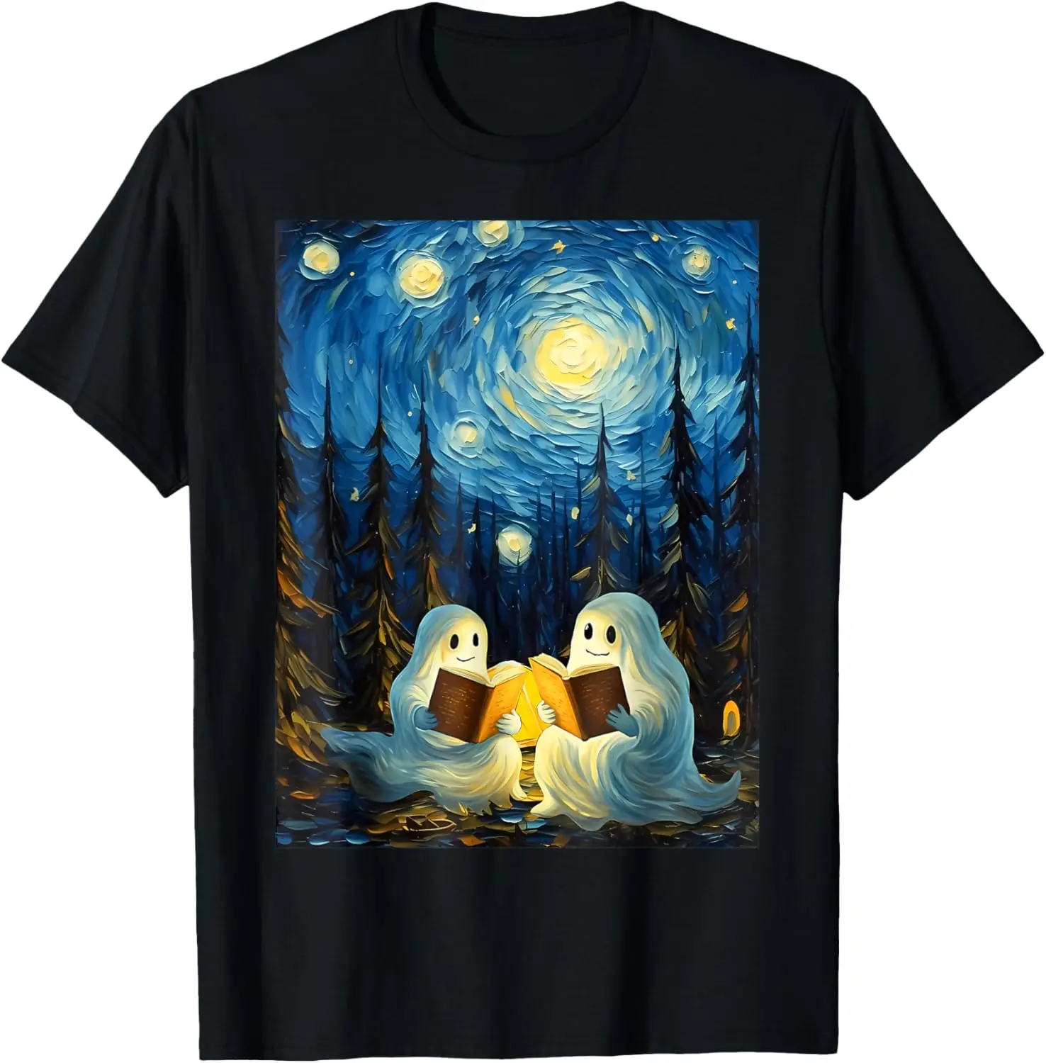 Van Gogh Starry Night Ghost Book Reading Camping Halloween T-Shirt