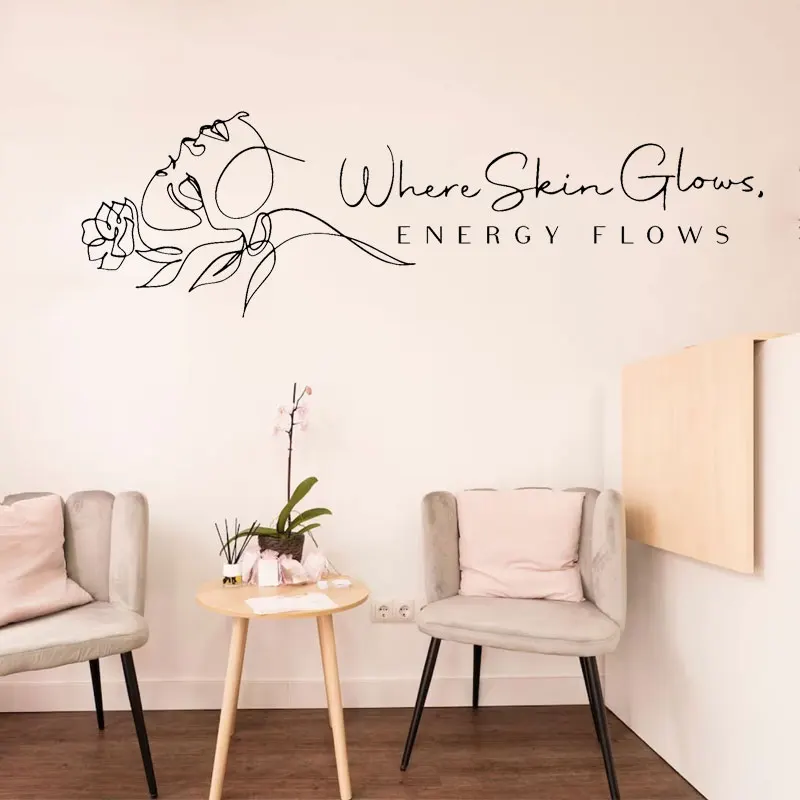 Where Skin Glows Energy Flows Transverse Girl Line Art Decal Beauty Salon,Skin Therapist,Aesthetics,Esthetician Decor Murals Q58