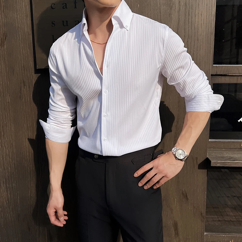 

Men's Shirt Big Size Turn Down Collar Long Sleeve Men Striped Shirts Slim Fit Casual Club/Prom Tuxedo Dress Business Blouse Male