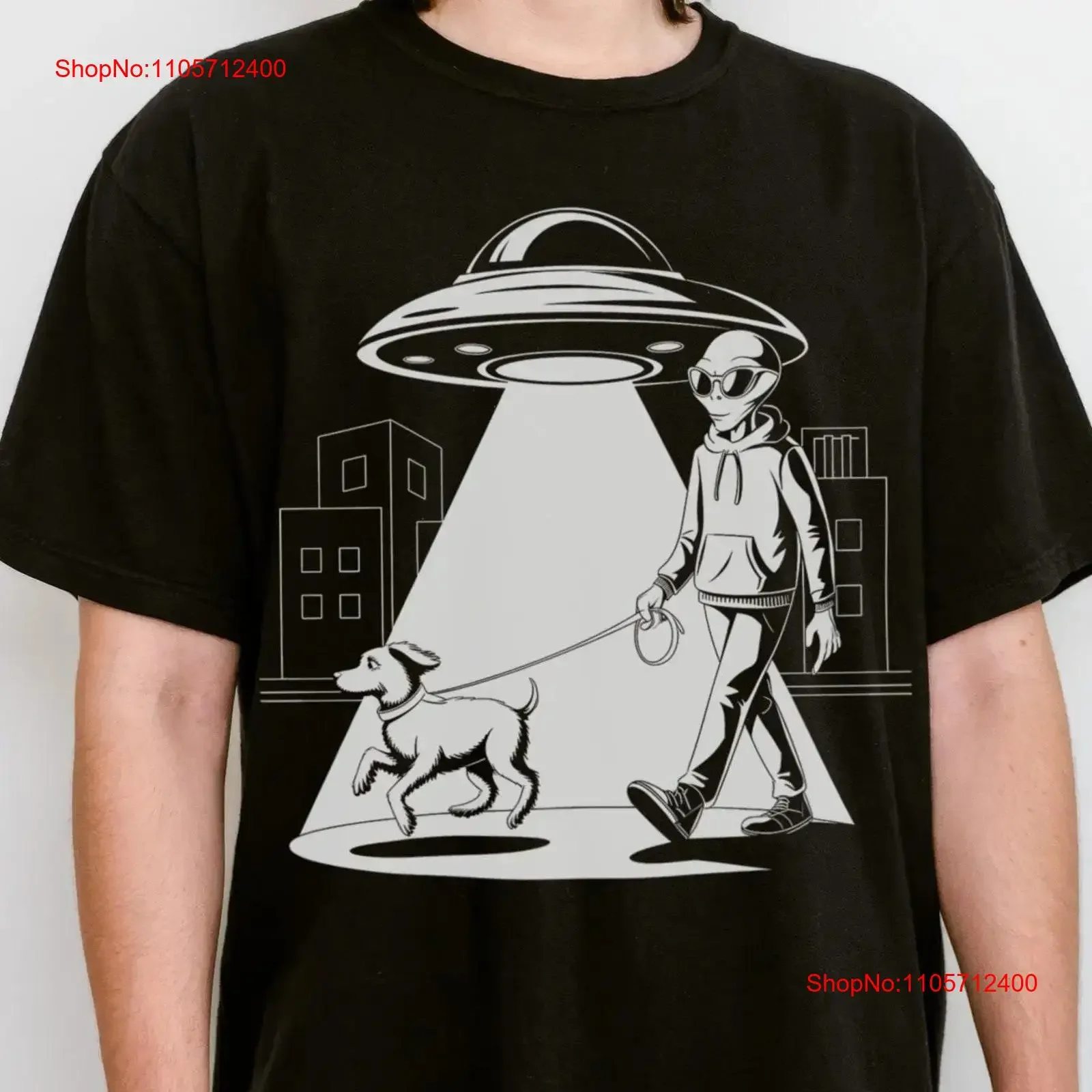 Alien Walking a Dog Under UFO Beam T Shirt Funny Humor Unique Space Lover Sci Fi vintage Washed streetwear Stylish Slightly