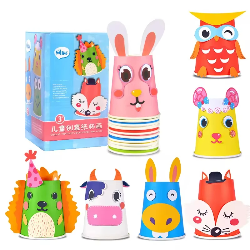 Creative DIY Handmade Paper Cups 12 Styles Set Children Sticker Colorful Funny Paper Cups Crafts Animal Paper Toy Cup With Tape