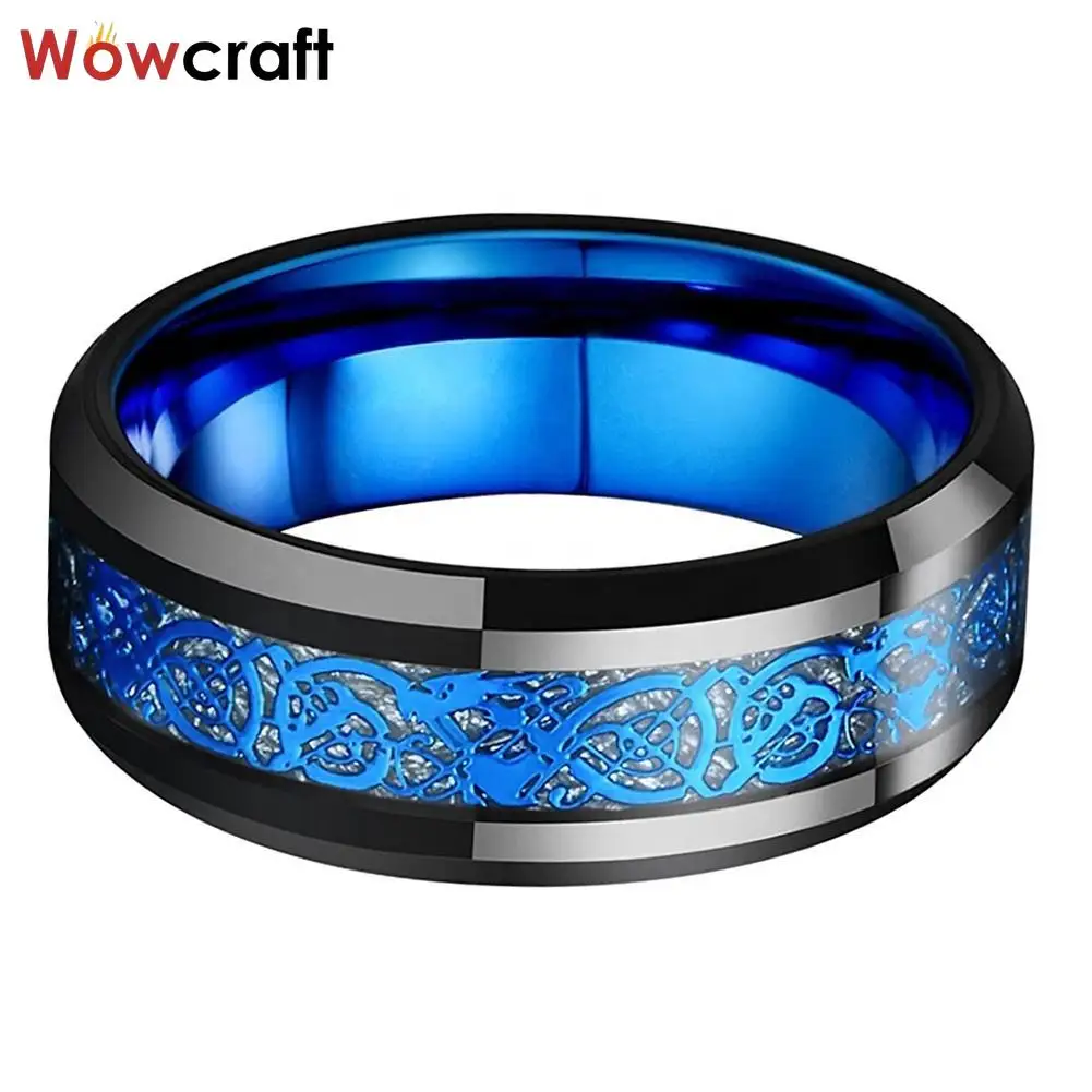 Black Blue Plated Tungsten Men Wedding Band Women Ring Dragon Meteorite Inlay Beveled Edges Comfort Fit