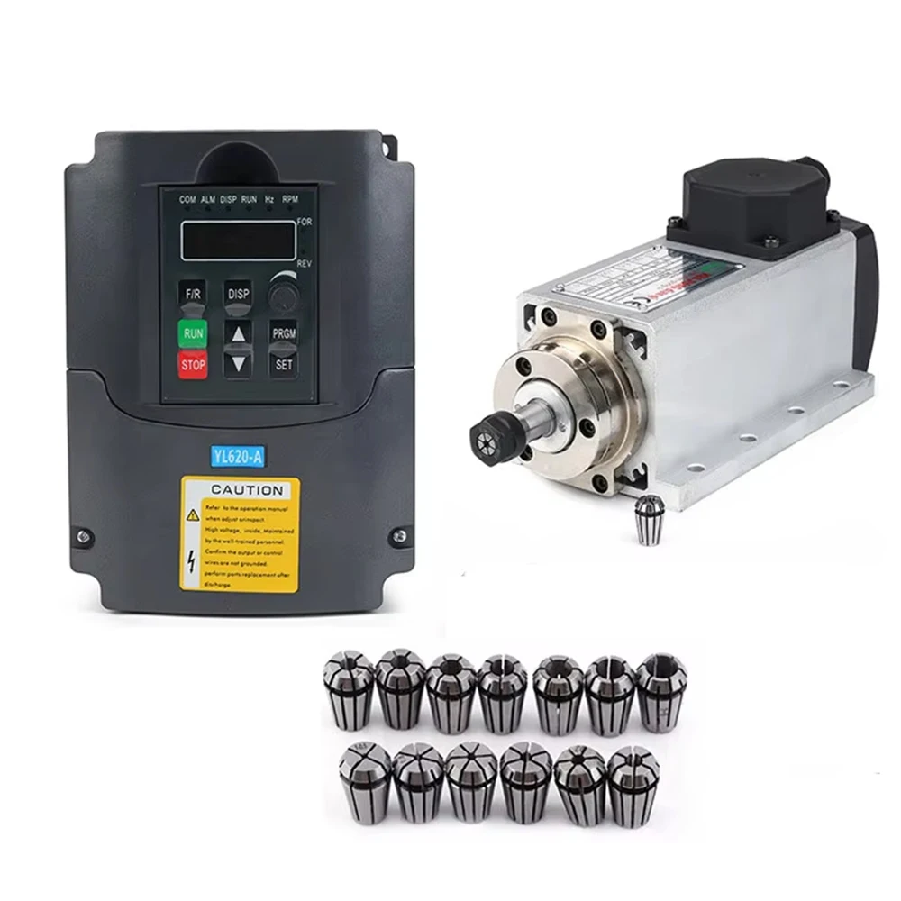 CNC 1.5KW/2.2W 110V/220V Air-Cooled Spindle Kit Square Air Cooling Spindle Motor + VFD Inverter + 13pcs/Set ER11/ER20