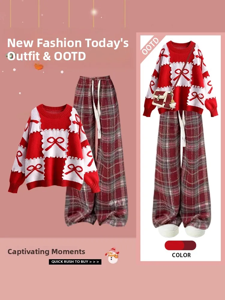 

Fashionable Knitted Red Sweater And Plaid Casual Pants Two-Piece Set for New Year Youthful Slimming plus Size Ensemble