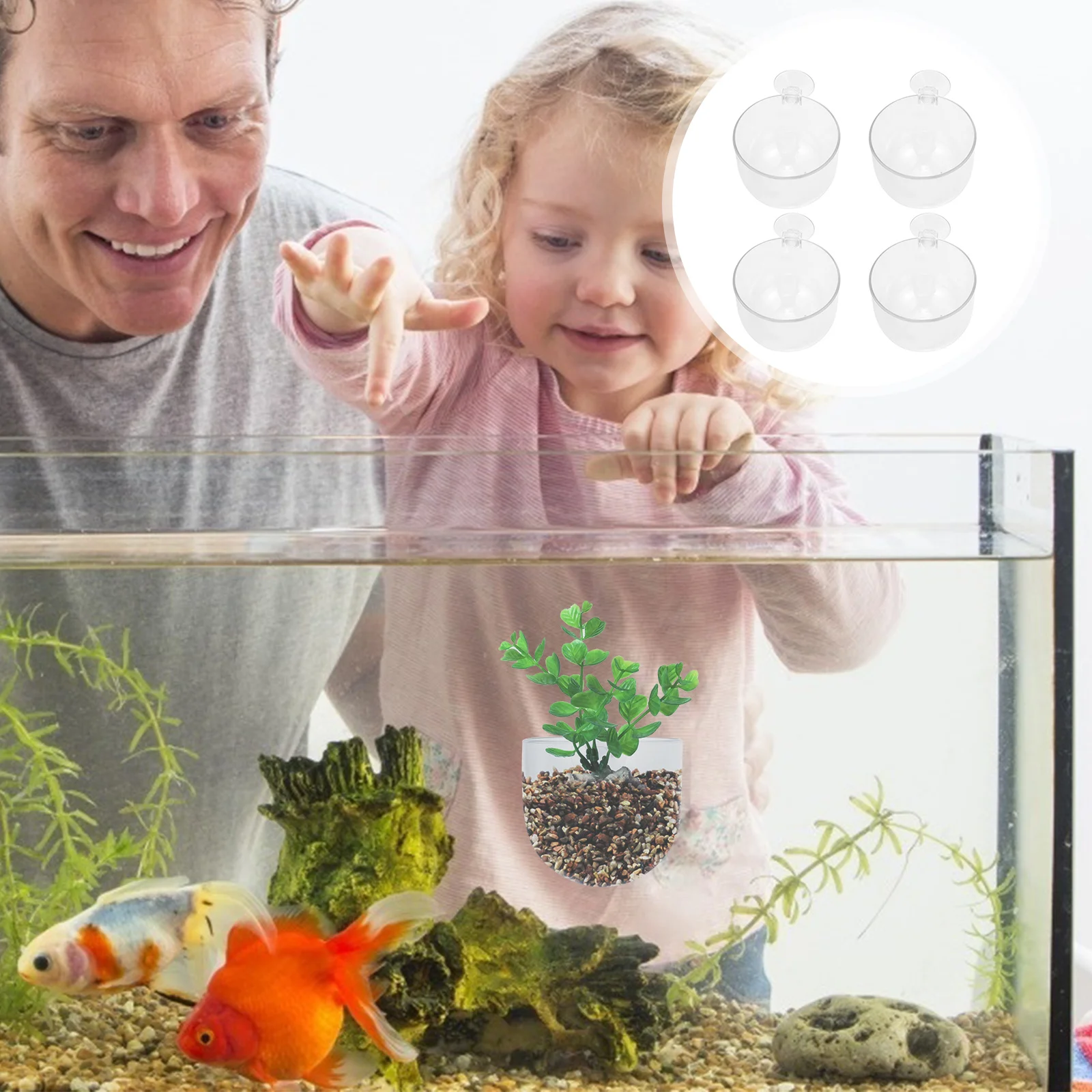 

4pcs Acrylic Aquatic Plant Mini Fish Tank Decor Holder Transparent Suction Planting Cups Freshwater Ficus Dark Green Series