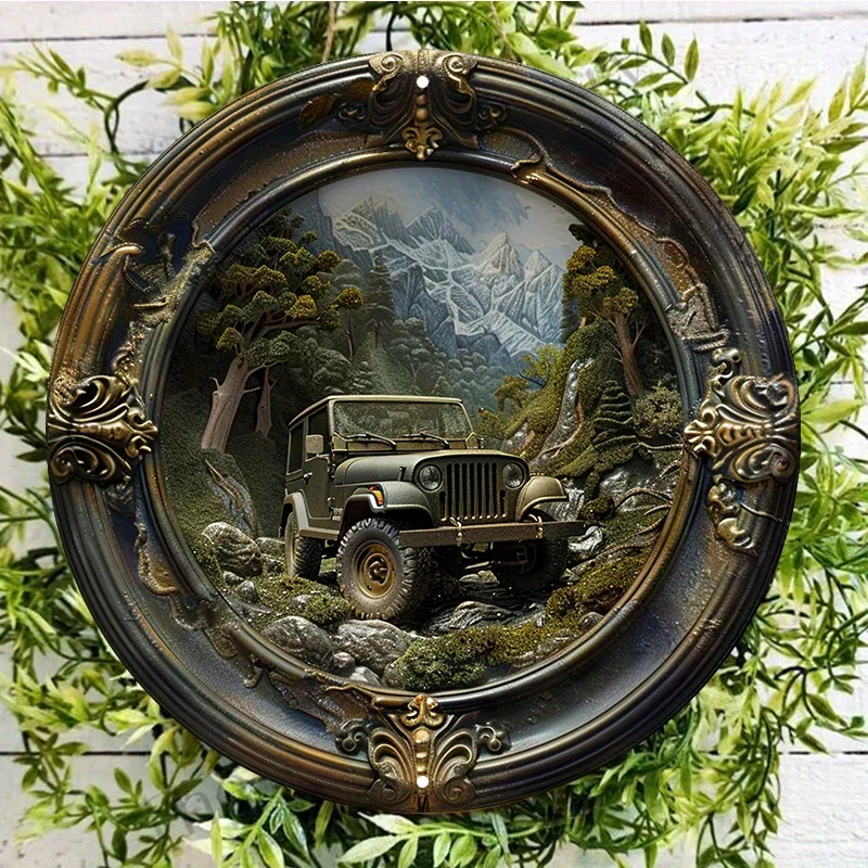 

Aluminum Metal Round Sign with Jeep in Woods Portrait Waterproof Art Decor Door Wall Wreath, Weather Resistant, HD Print Quality