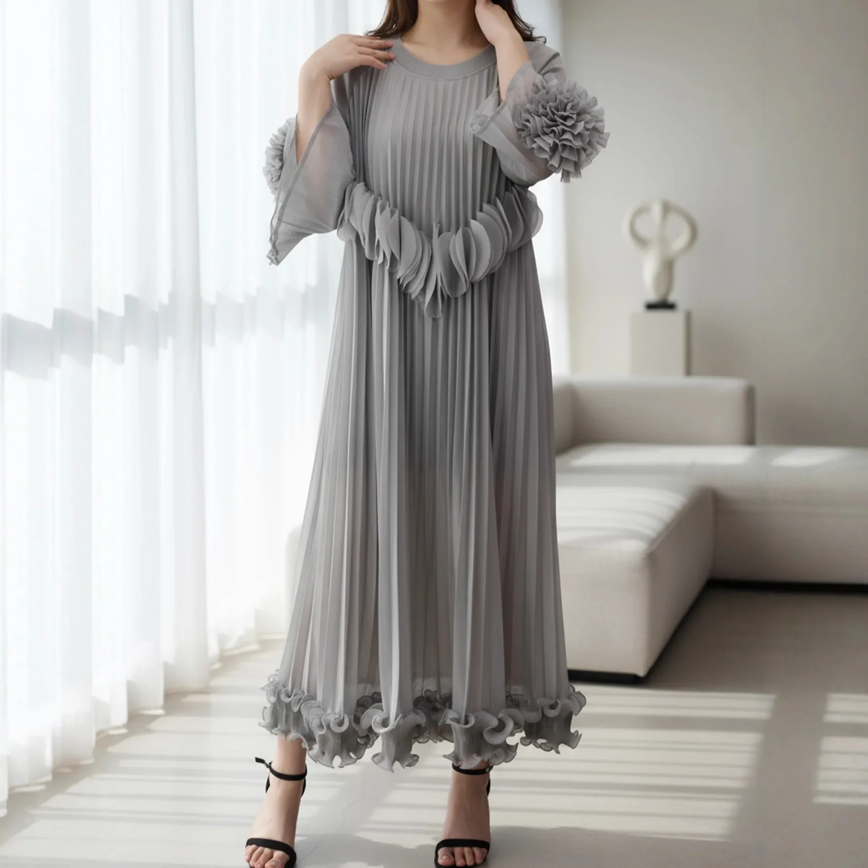 

Miyake Pleated Women's Dress 2025 Fashion Chic Three-Dimensional Tie Flower Elegant Loose Round Collar Famale Clothing