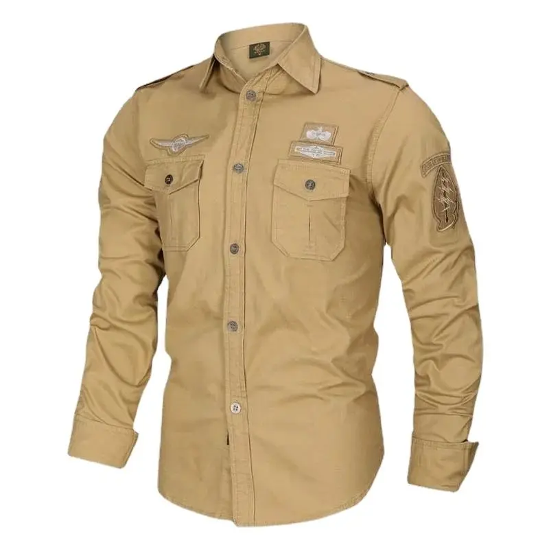 Motorcycle military cargo shirt mens spring cotton casual breathable embroidery tactical tops pockets solid long sleeved Camisa