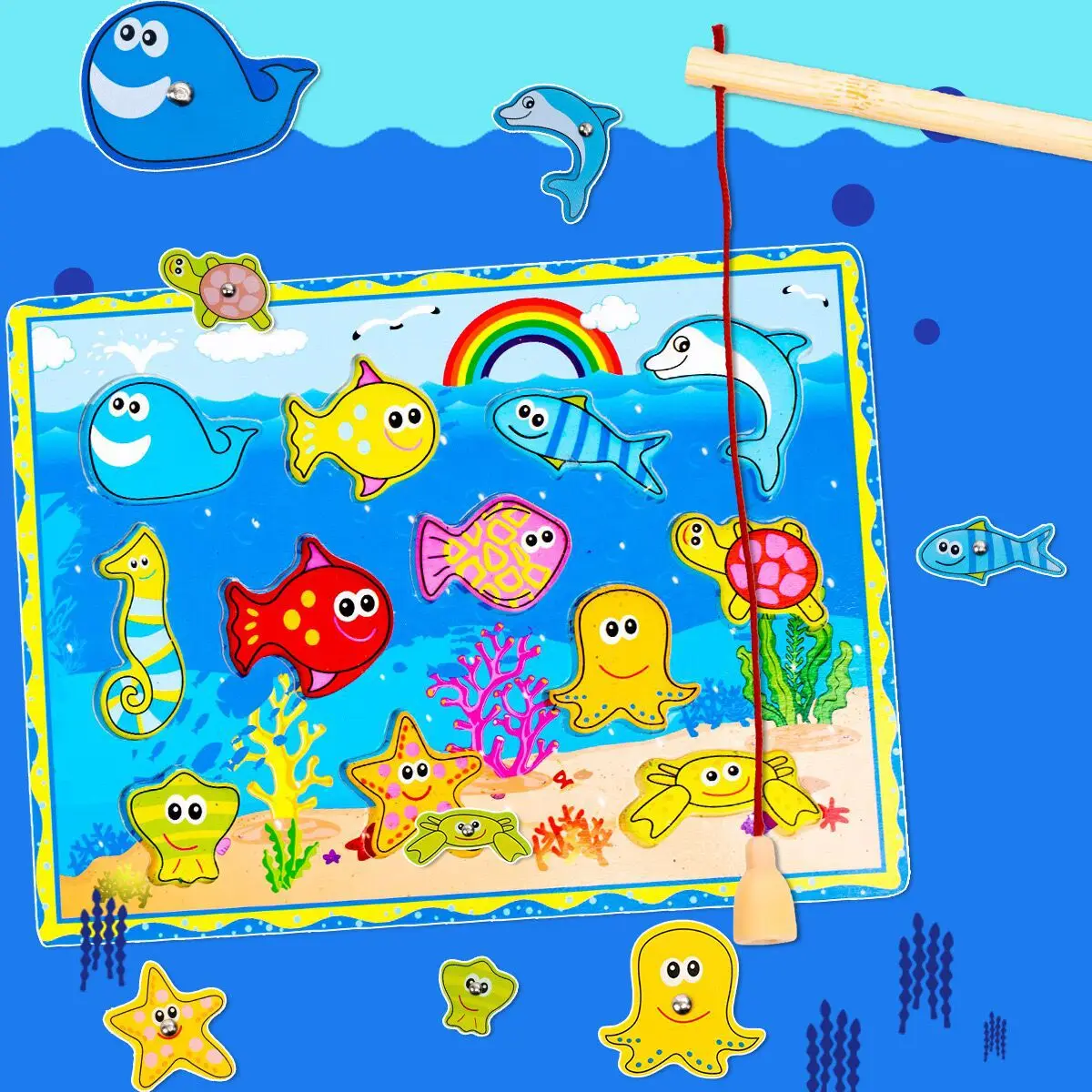 

Wooden toy magnetic fishing puzzle board building block children's toy fishing rod toys kindergarten parent-child fun game