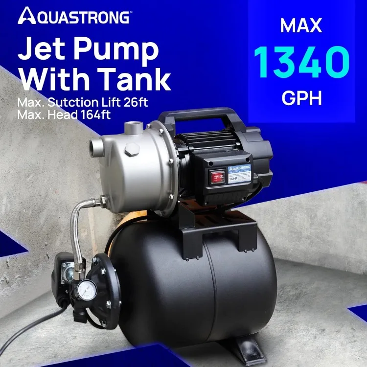 1.6HP Shallow Well Pump with Pressure Tank, 1320GPH, 115V, Stainless Steel Irrigation Pump, Automatic Water Booster Jet Pump