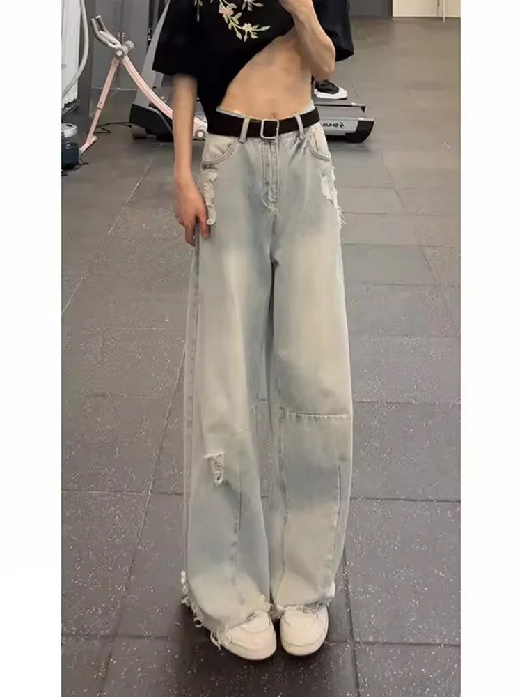 Calças Jeans Americanas Estilo Boca de Sino Rasgadas Azuis com Detalhes em Cobre para Homens e Mulheres, Perna Reta, Perna Larga, Jeans Casuais de Ver