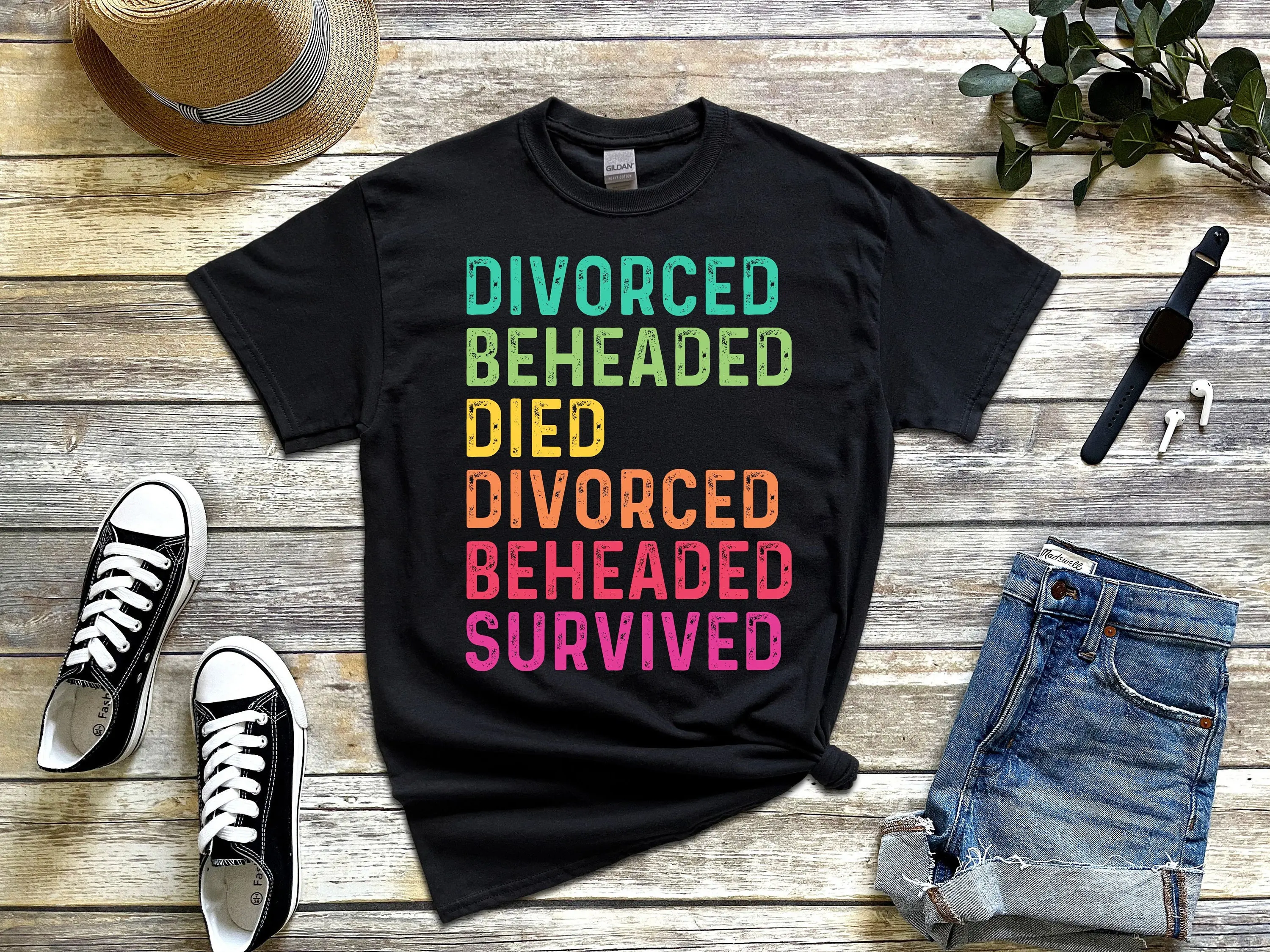 Wives Of Henry Viii Sunset Retro Vintage Divorced Beheaded Died Survived Historical Quotes T Shirt