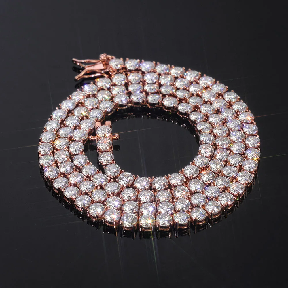 Sparkling VVS Moissanite Tennis Chain Necklace 925 Silver Rose Gold Plated Iced Out Round Cut Jewelry Gift for Women Anniversary