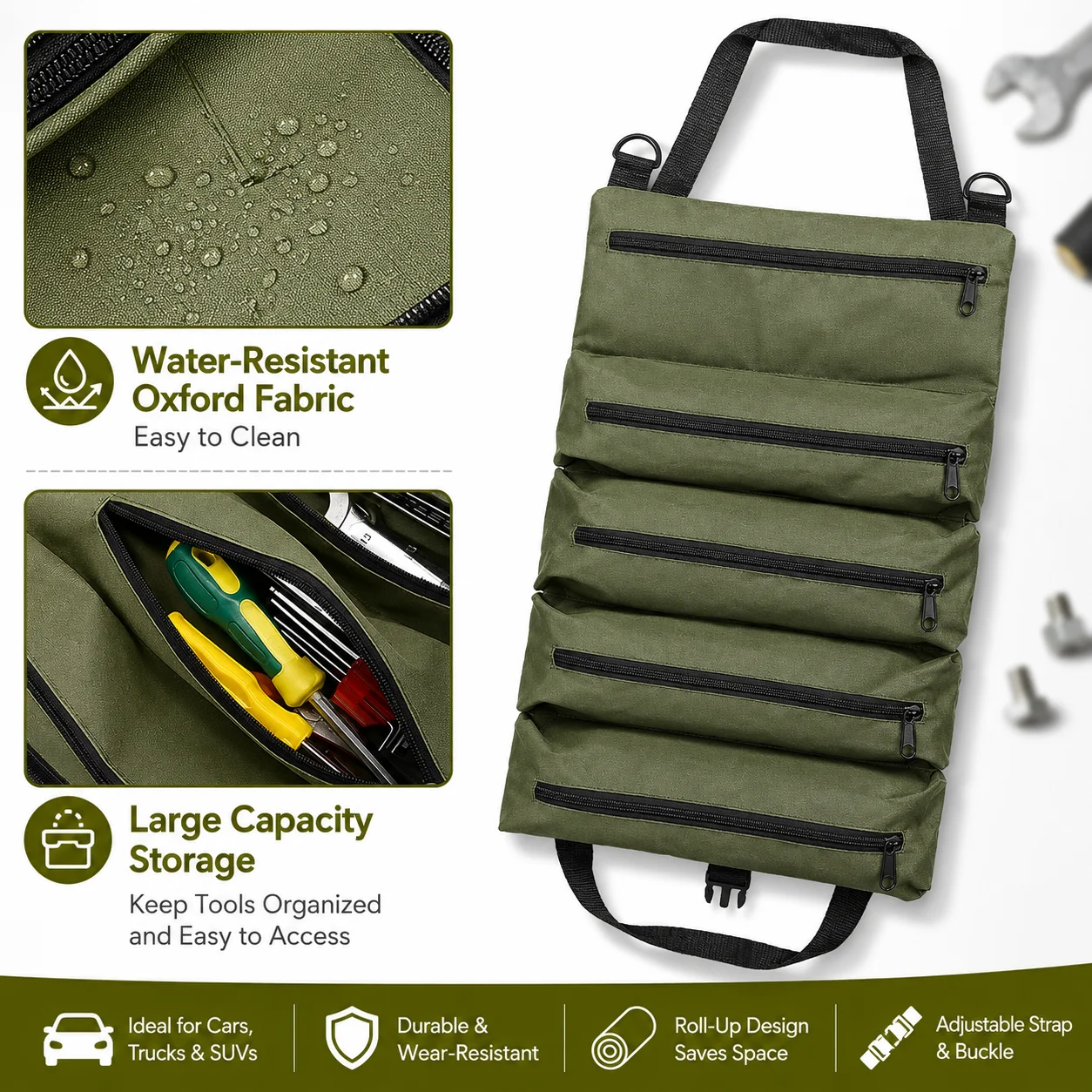 Heavy Duty Roll Up Tool Bag, Oxford Fabric Multi Tool Organizer for Mechanics Electricians Carpenters, Garage Storage