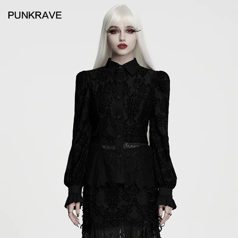PUNK RAVE Women's Gothic Retro Lace Woven Shirt Classical Floral Patterns Mysterious Drawstring Adjustment Party Club Dark Top