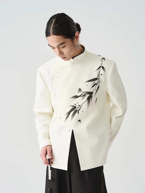 

New Chinese Sle Watercolor Bamboo Print Casual Jaet with Button Design Western Suit Coat Spring Autumn Faion Men's Clot...