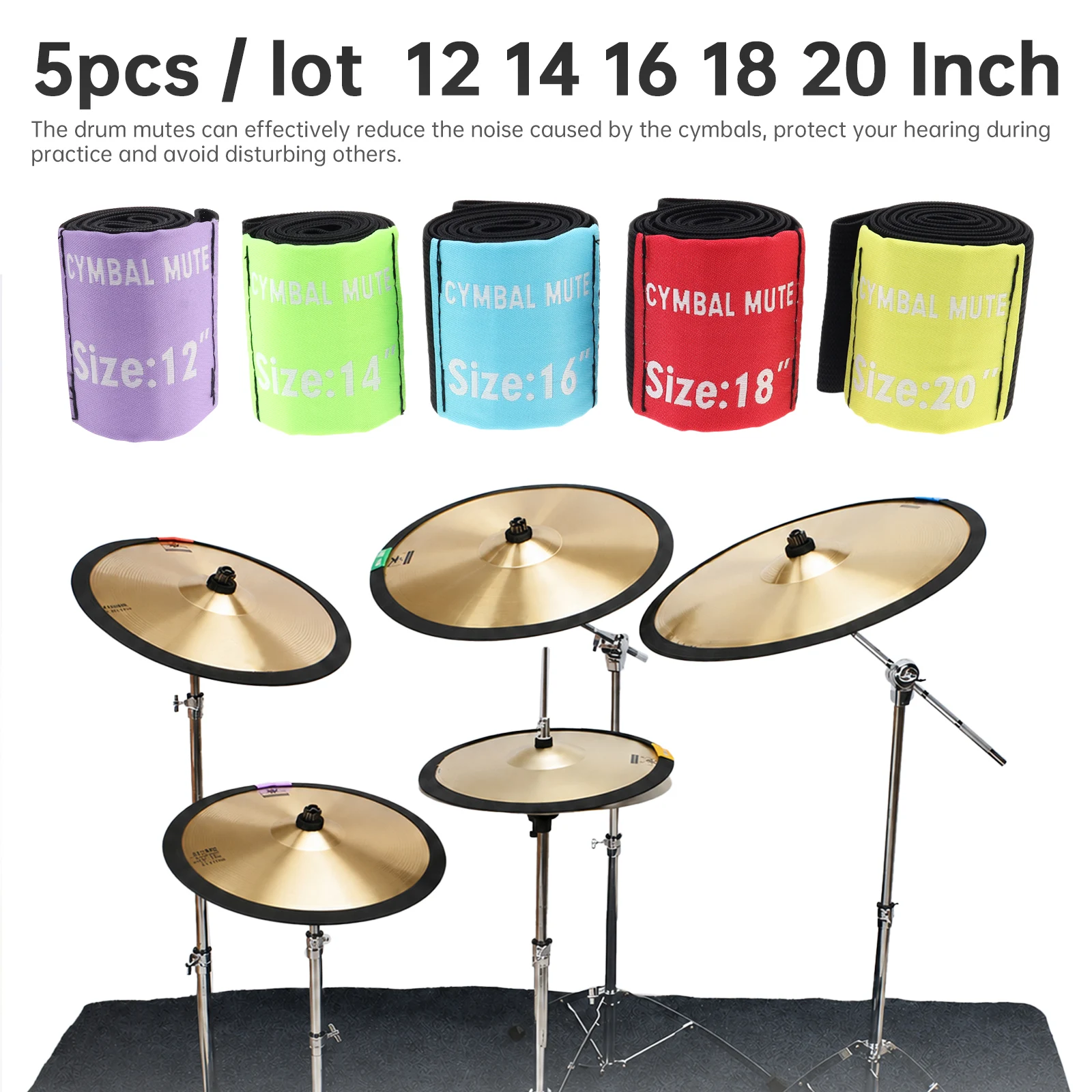 5Pcs 12 14 16 18 20 inch Drum Cymbal Mutes Circle Ring Drum Practice Pad Elastic Belt Dampener Sound Stop Band Set