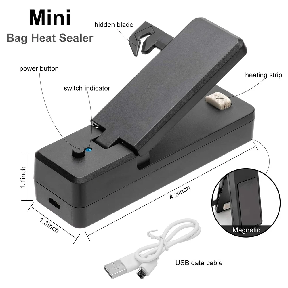 Seladores e cortador de calor a vácuo portáteis, mini saco Sealer-2 in 1, portátil, recarregável, preto, saco de plástico, armazenamento de alimentos, 1pc