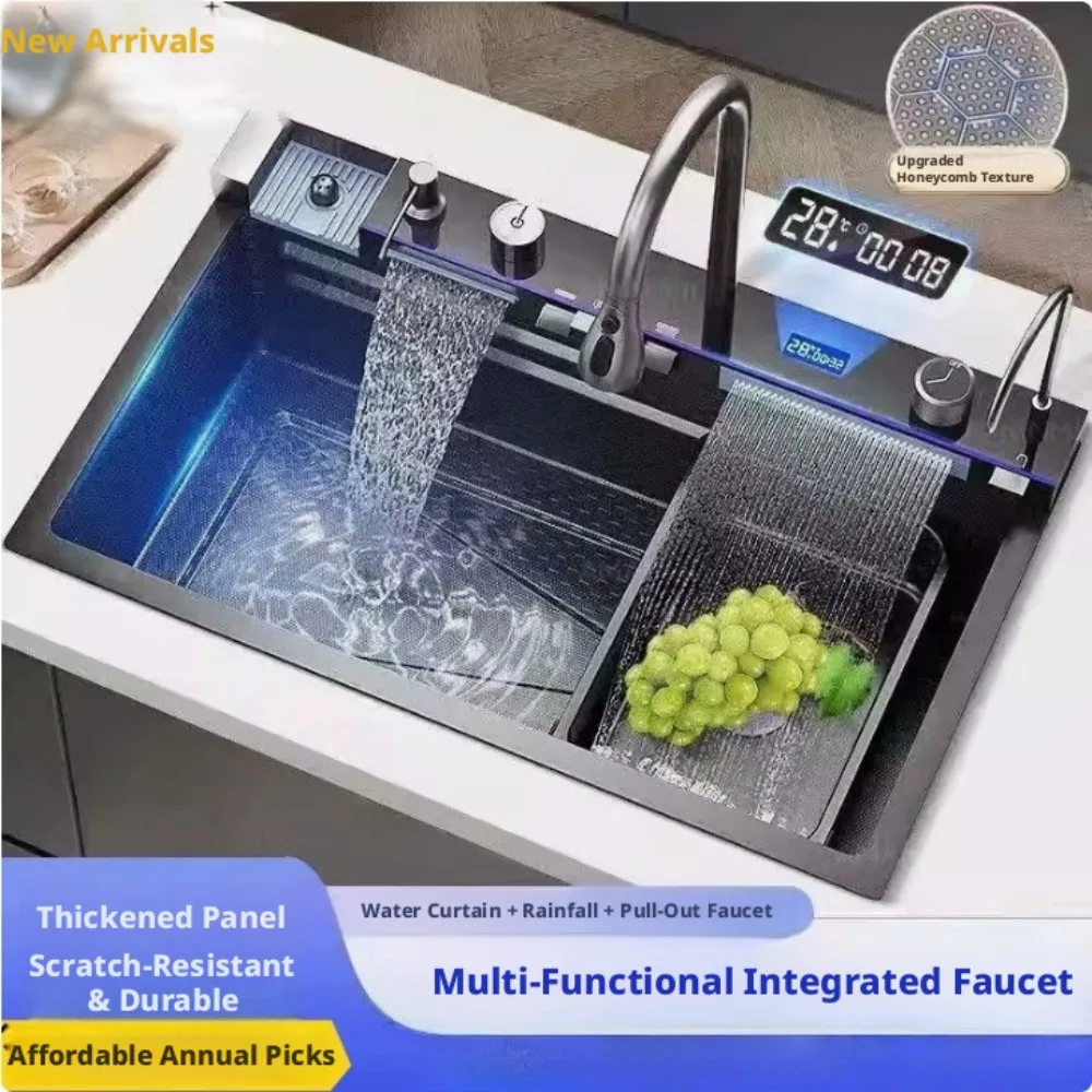 

Kitchen Sink Stainless Steel Waterfall Sinks Extra Large Single Slot with Digital Display Faucet Set For kitchen