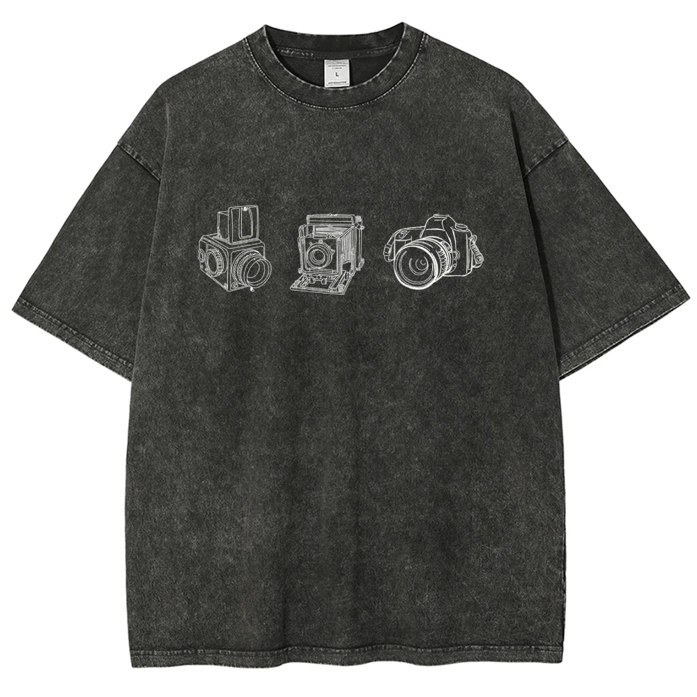 Camera Lover Washed T-shirt Photographer Y2k Shirts for Women 2024 Streetwear Hip Hop Male T-shirts Casual O-Neck Tshirt
