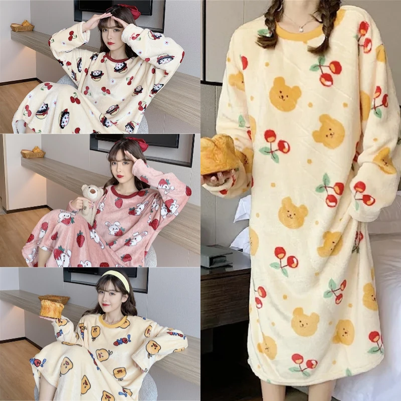 Women Large Size Autumn and Winter Flannel Thickened Warm Nightgown Female Sweet Loose Cartoon Pajamas Fat Medium-Length Models