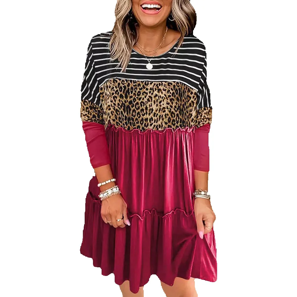 

Rose Leopard Stripe Spliced Ruffle Long Sleeve Dress Women's Pullover Knee Length 6113178